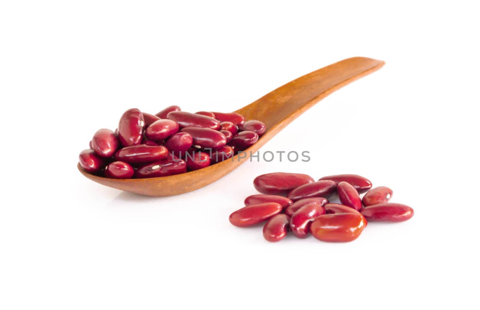 Red kidney beans in wood spoon isolated on white background, healthy food concept