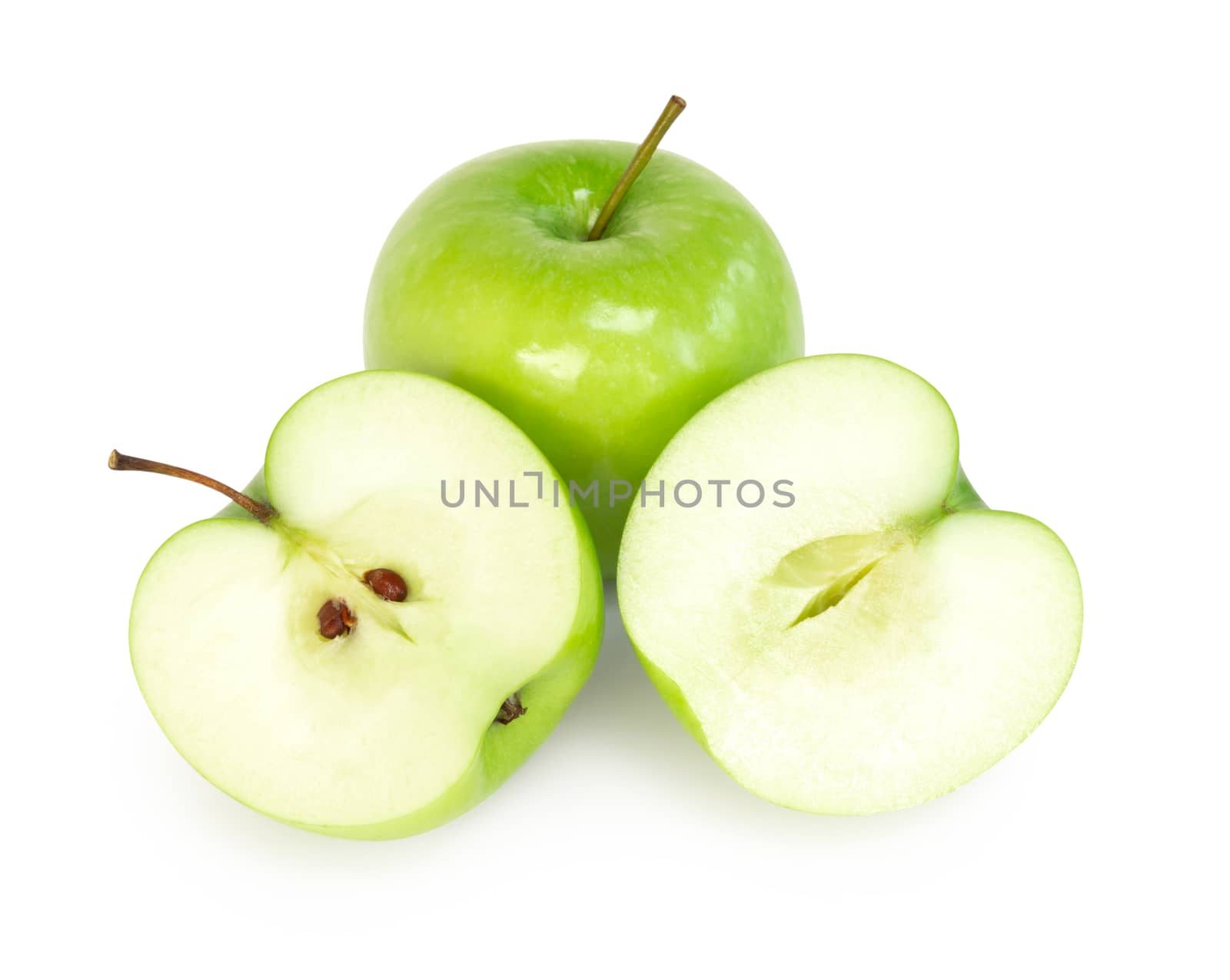 Closeup green apple with slice isolated on white background, fruit for healthy diet concept