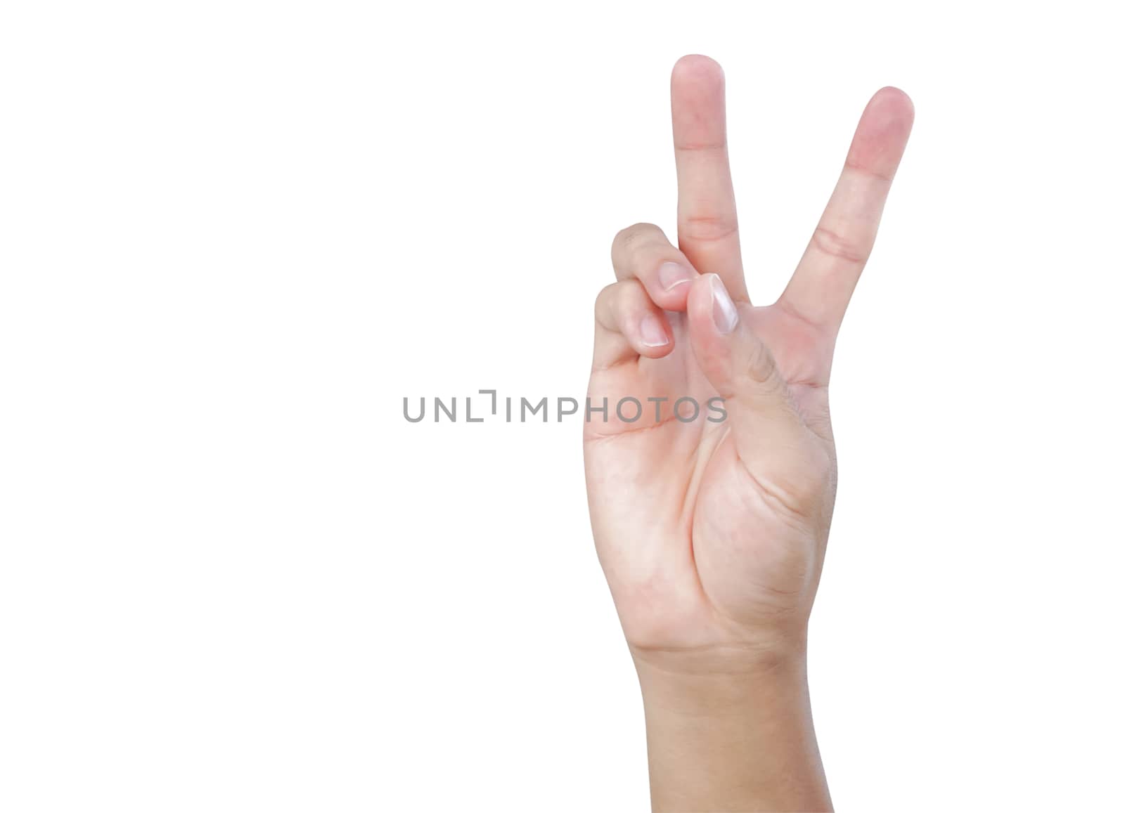 Man hand show V sign with white background with copy space