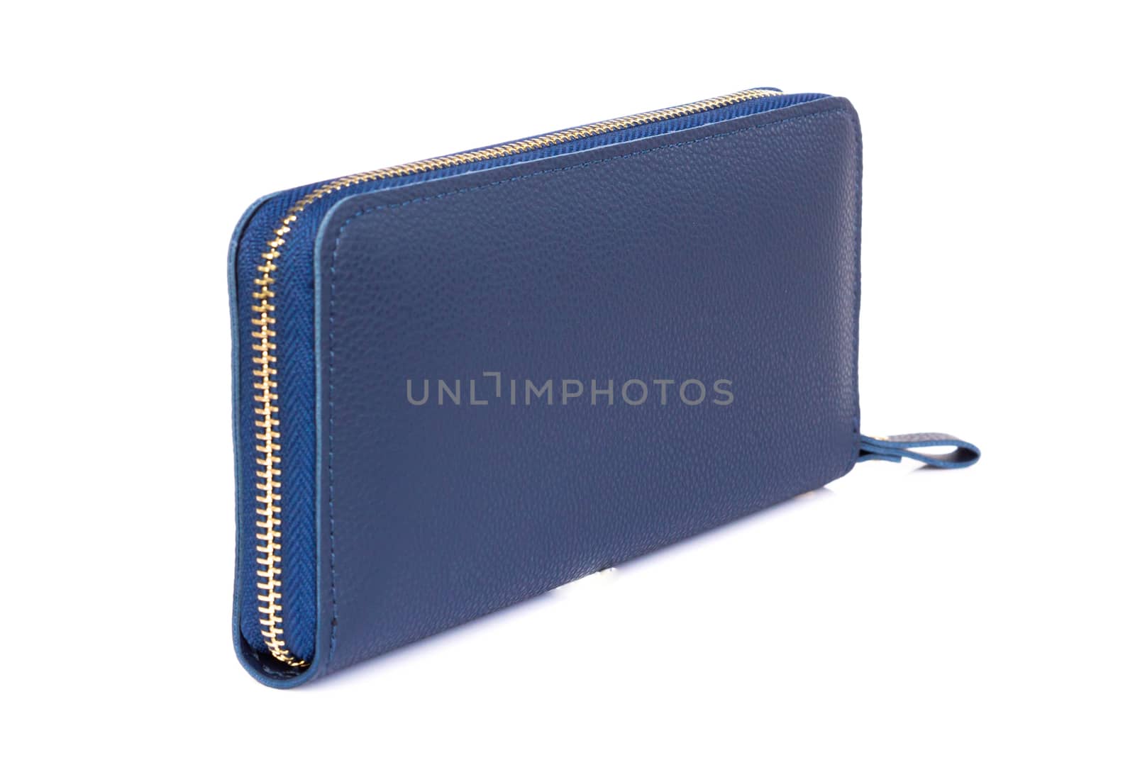Closeup modern blue woman wallet fashion on white background