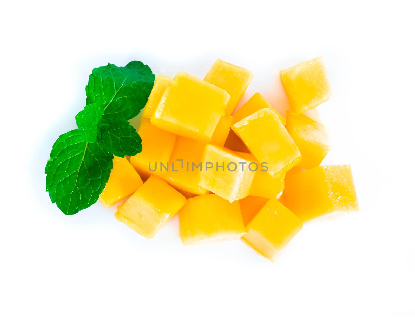 Closeup ripe mango tropical fruit with slice isolated on white background