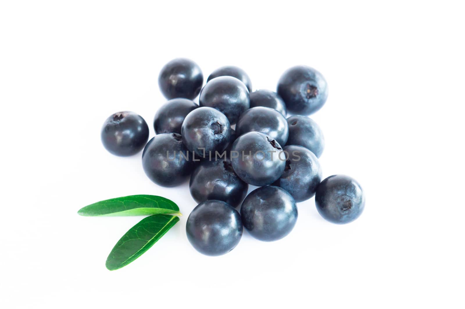 Fresh blueberries with green leaves isolated on white background