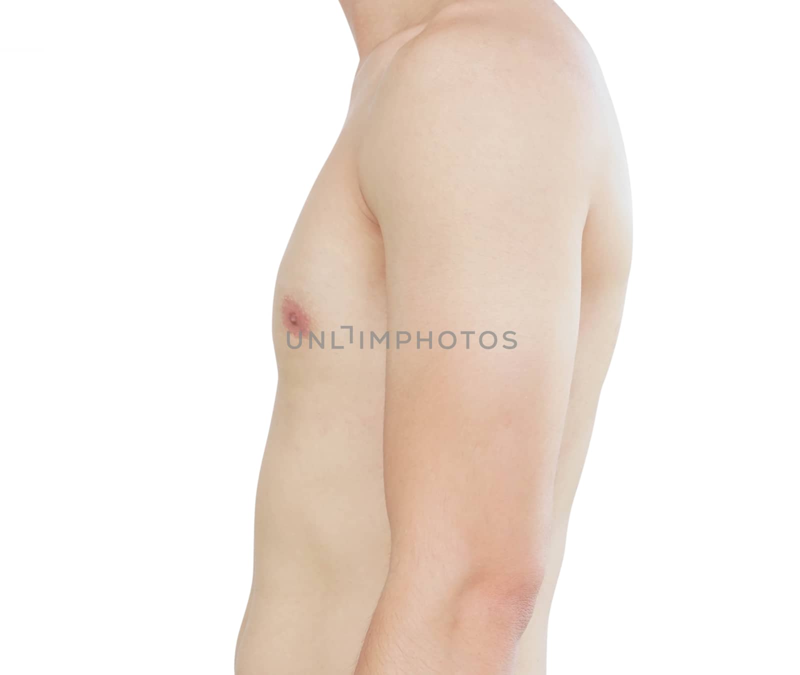 Side view of body asian man skin isolated with white background, health care and medical concept