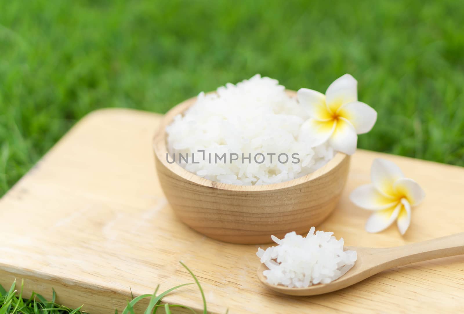 Close up white rice in wooden bowl with green nature background, by pt.pongsak@gmail.com