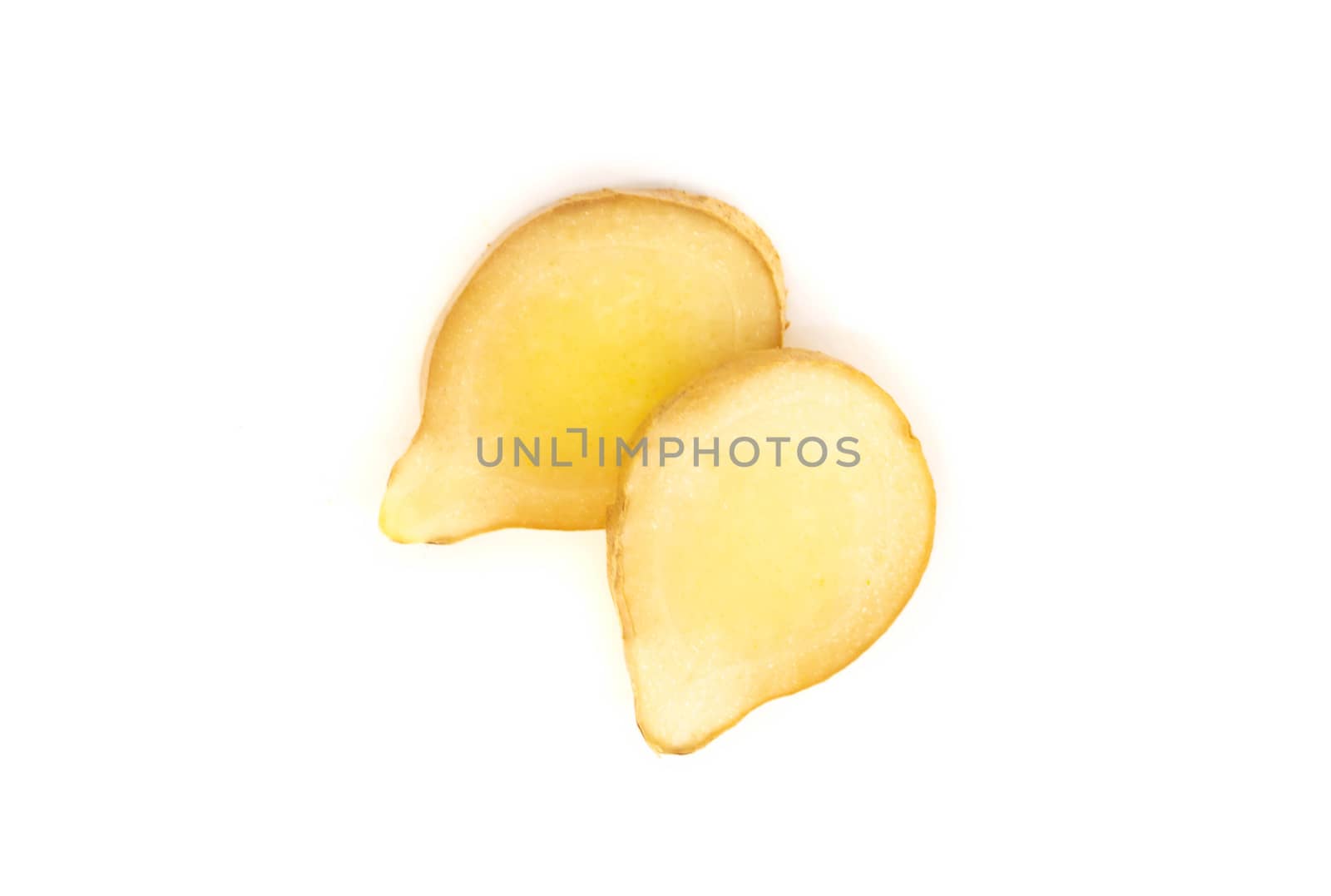 Fresh ginger root with sliced on white background for herb and medical product concept