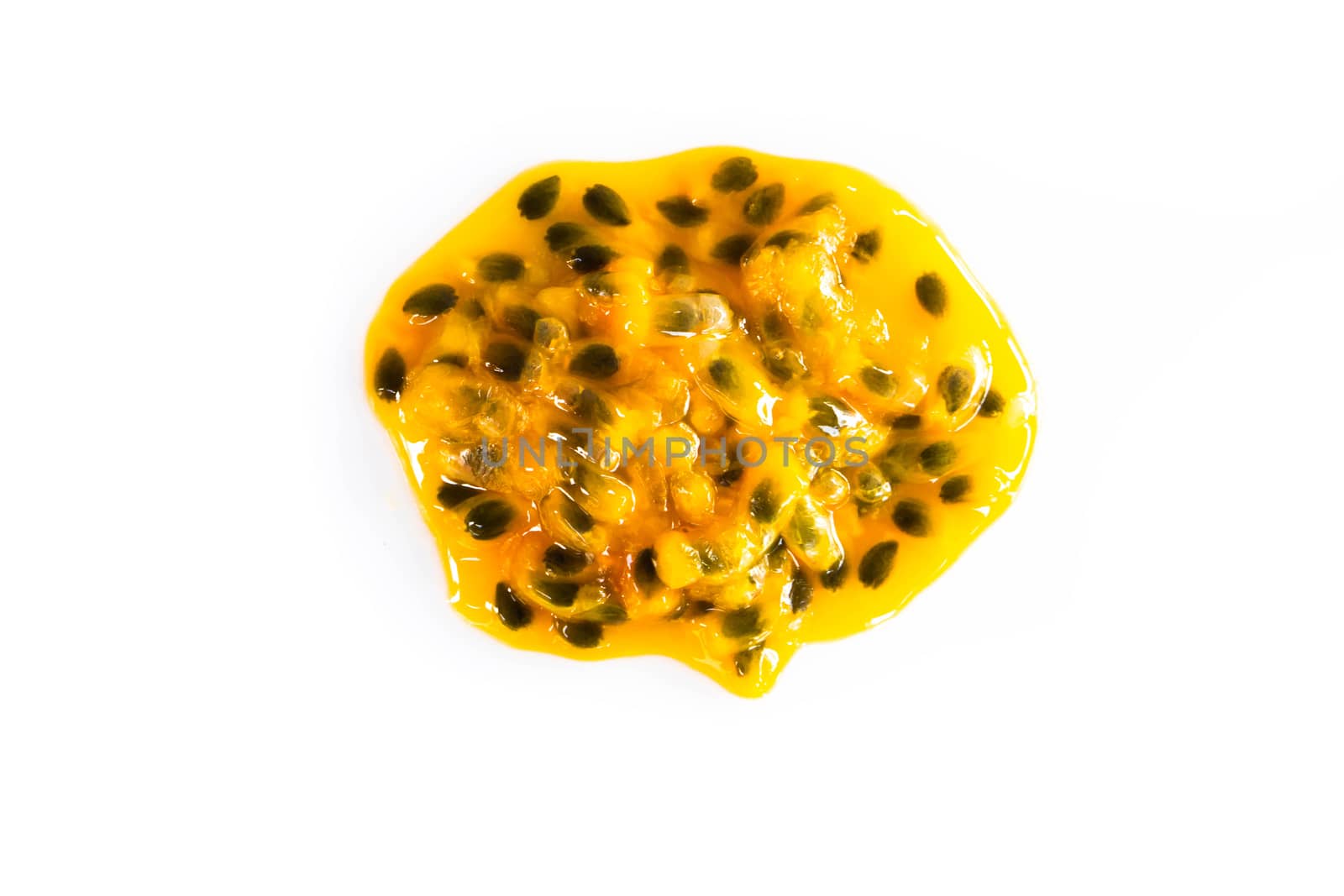 Closeup top view passion fruit seed on white background, fruit for healthy concept