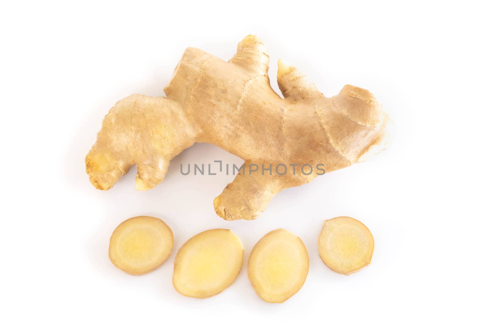 Fresh ginger root with sliced islolated on white background for herb and medical product concept