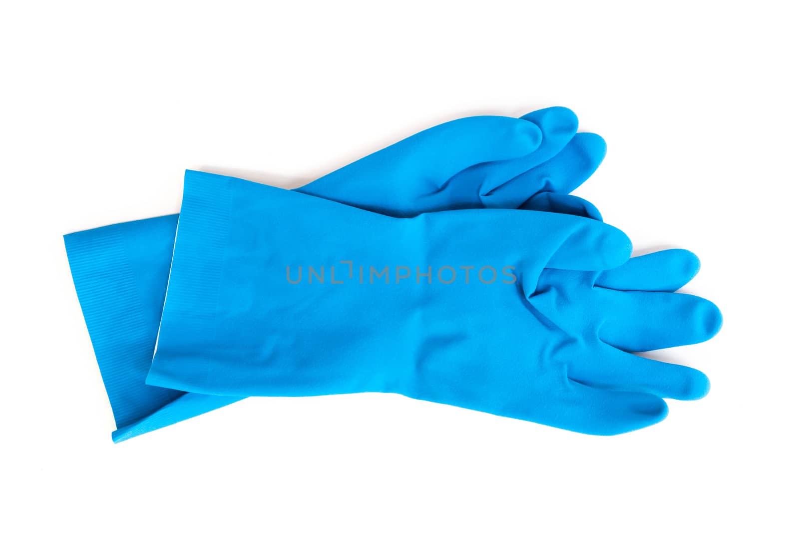 blue rubber gloves for cleaning on white background, workhouse concept