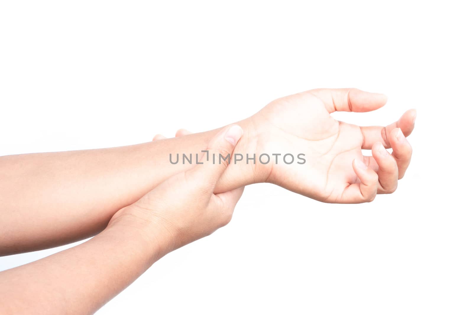 Woman with hand pain on white background, health care and medical concept