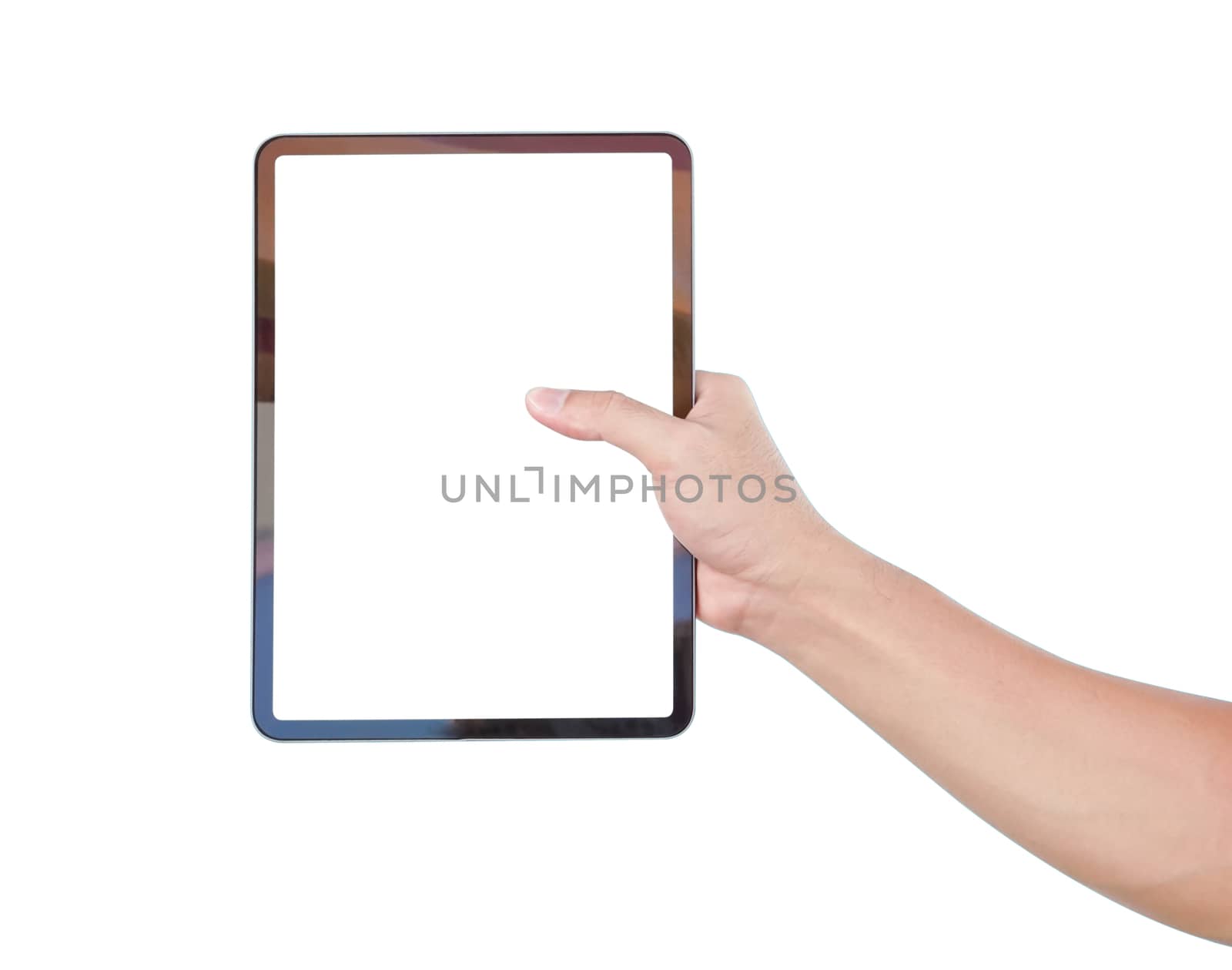 Close up man hand holding digital tablet computer with white screen for text or product advertising concept concept