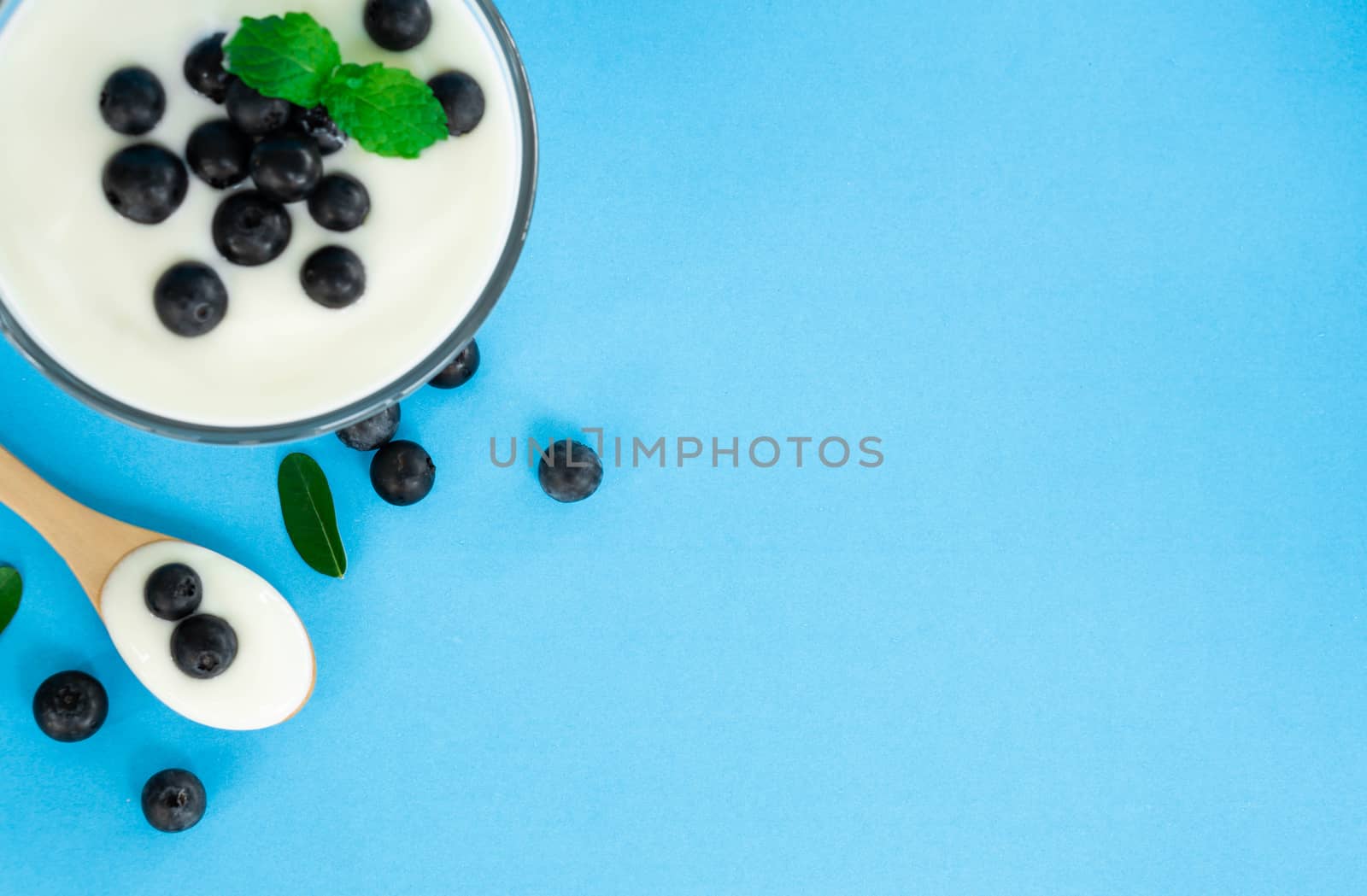 Close up yogurt with fresh blueberries  fruit in glass bowl  on blue background