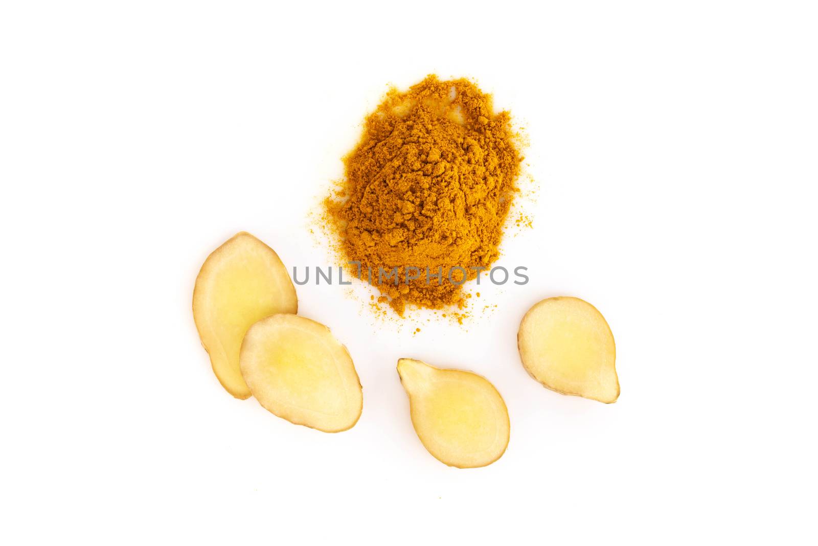 Fresh ginger root with sliced on white background for herb and medical product concept