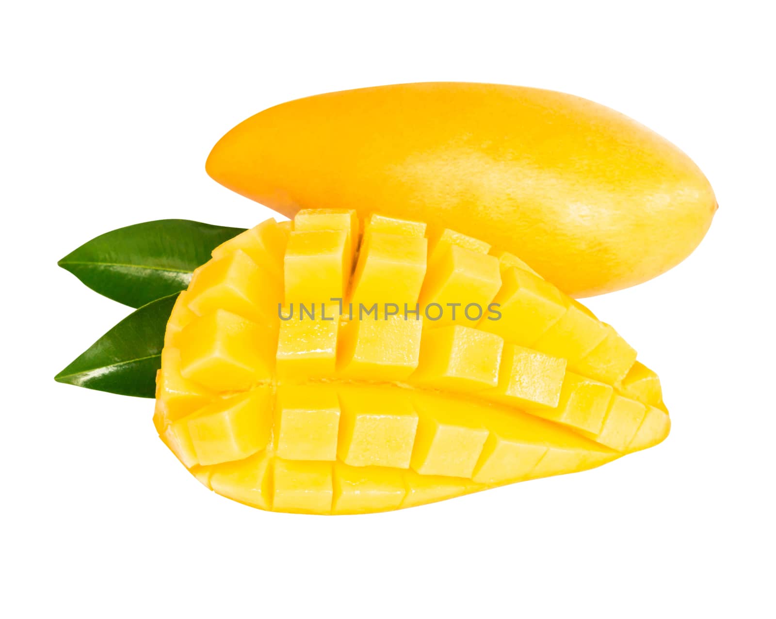 Closeup ripe mango tropical fruit with slice and green leaves isolated on white background