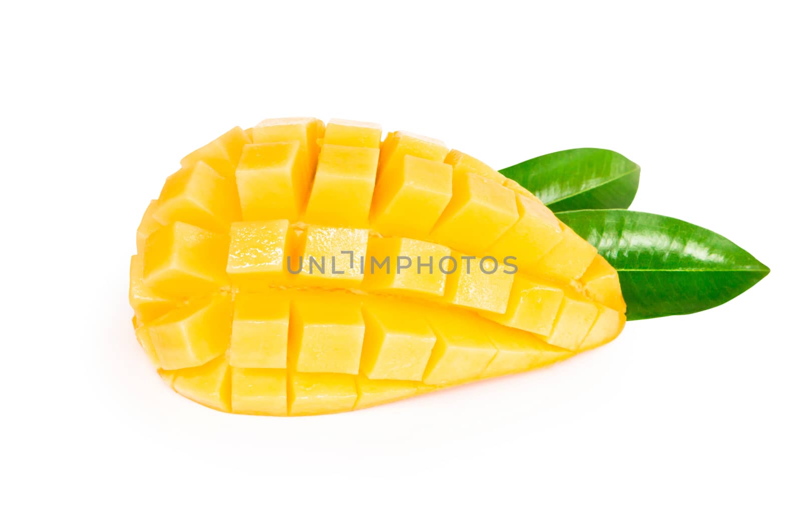 Closeup ripe mango tropical fruit slice with green leaves isolat by pt.pongsak@gmail.com