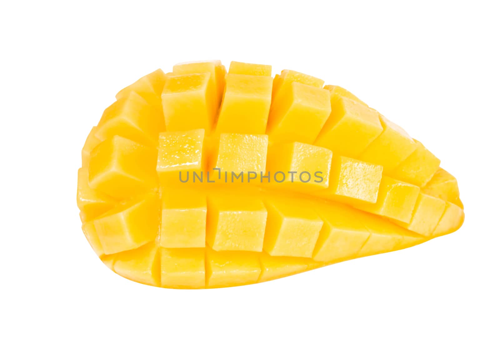 Closeup ripe mango tropical fruit slice isolated on white background