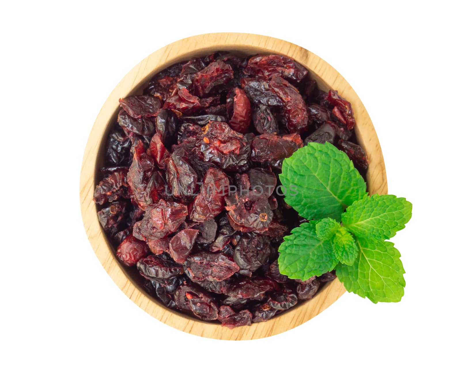Dried canberry mix blueberry fruit in wood bowl isolated on white backgroud, food healty diet