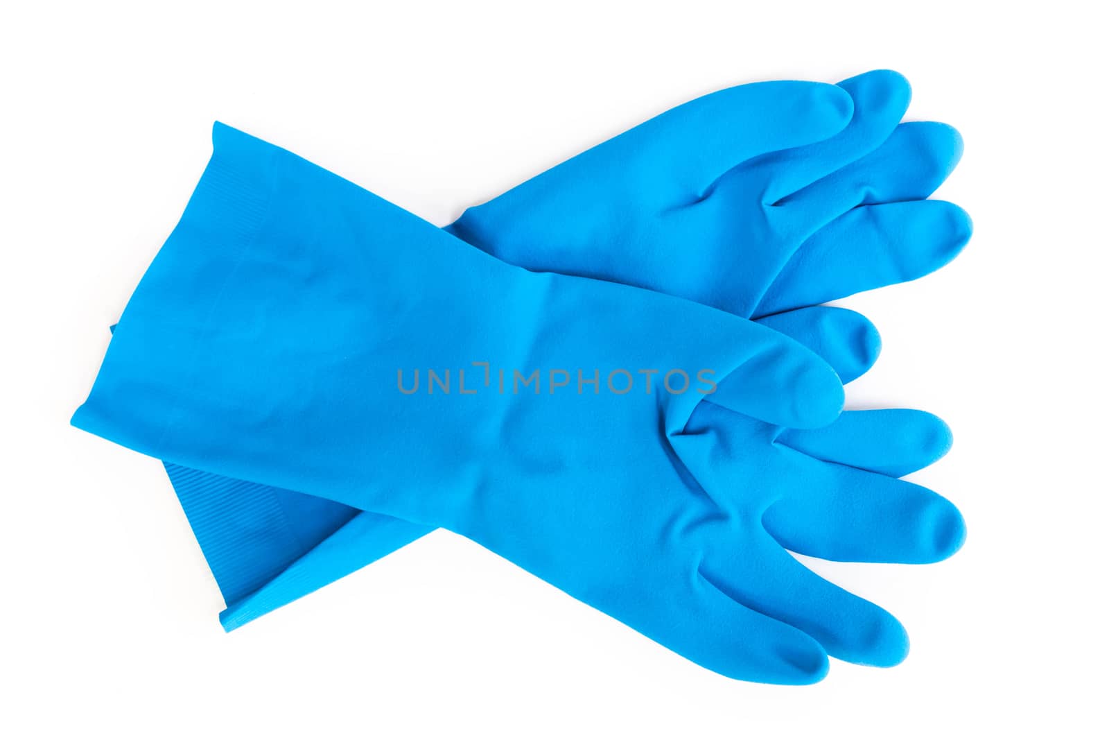 blue rubber gloves for cleaning on white background, workhouse c by pt.pongsak@gmail.com