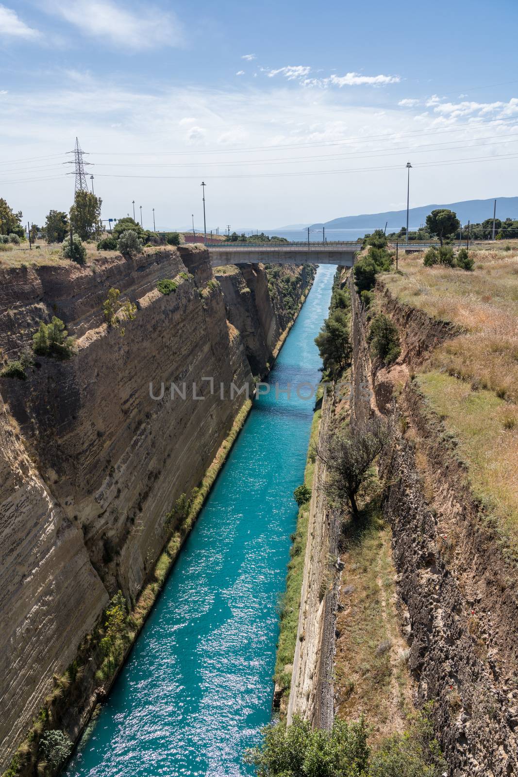 View from bridge over the Corinth Canal near Athens in Greece