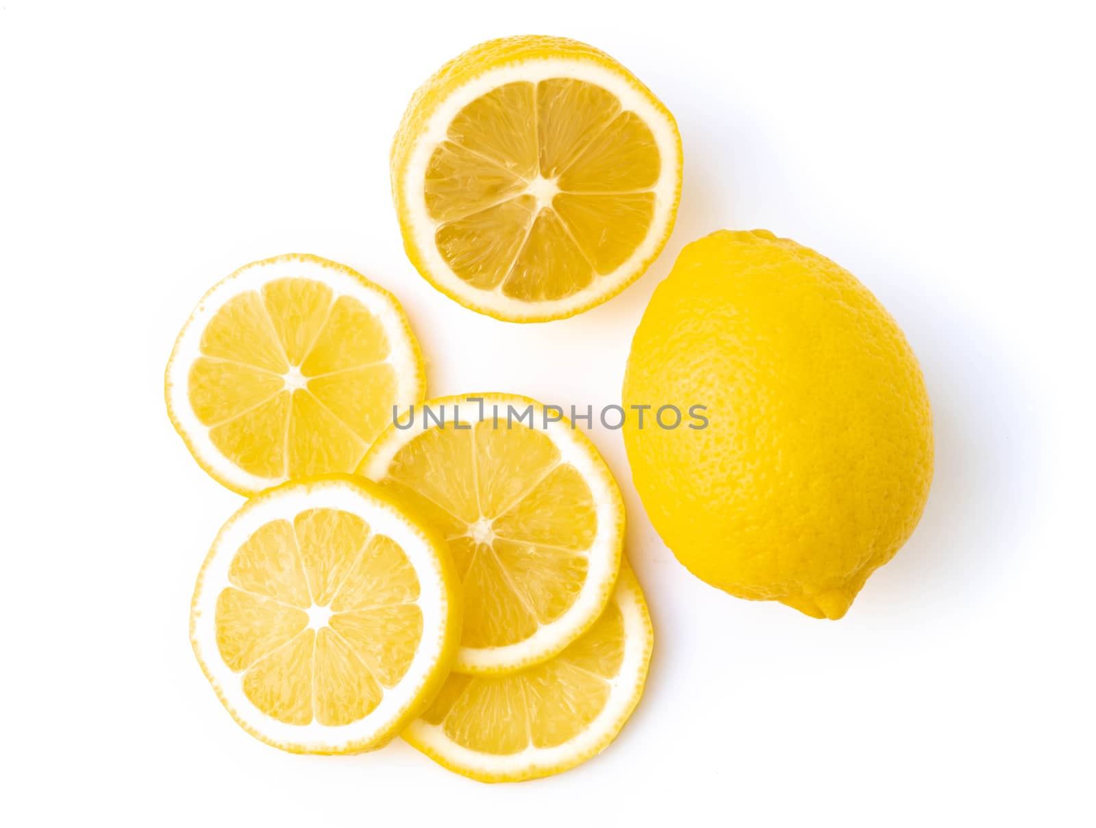 Closeup fresh lemon fruit slice isolated on white background, food and healthy concept