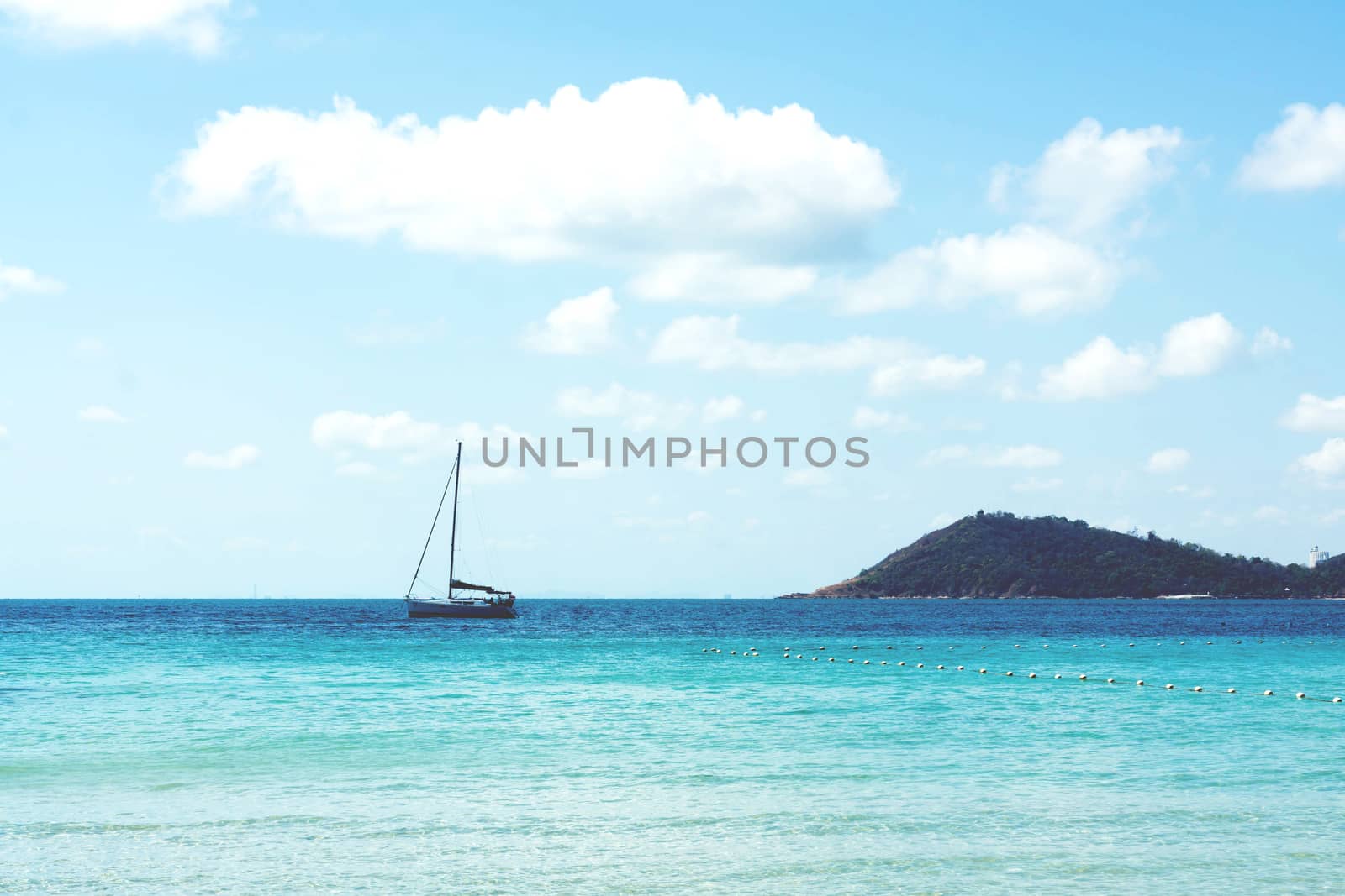 Beautiful sea with boat and blue sky, Summer and relax time concept