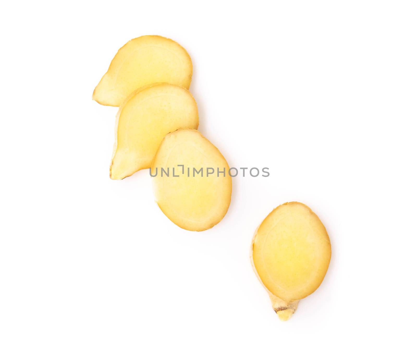 Fresh ginger root sliced on white background for herb and medica by pt.pongsak@gmail.com