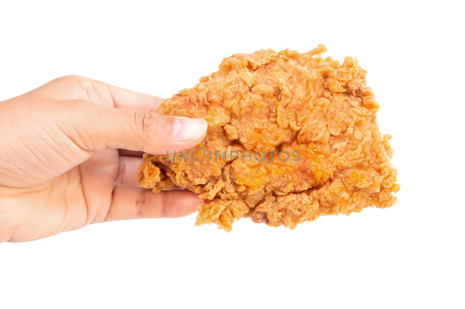 Close up woman  hand holding fried chicken leg isolated on whit  by pt.pongsak@gmail.com