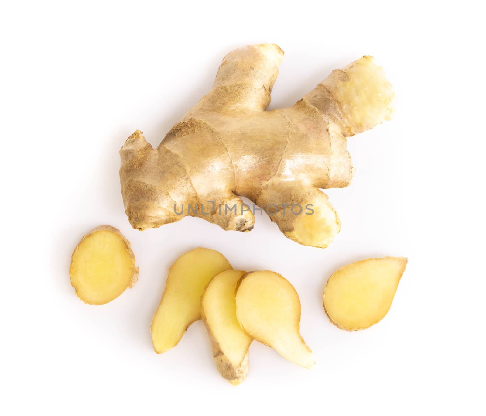 Fresh ginger root with sliced on white background for herb and medical product concept