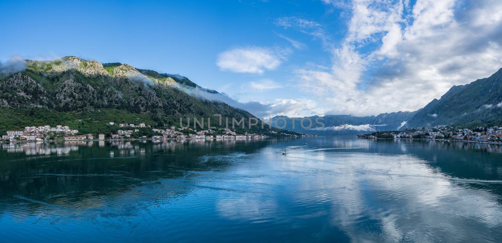 Small villages of Prcanj and Dobrota on coastline of Gulf of Kotor in Montenegro