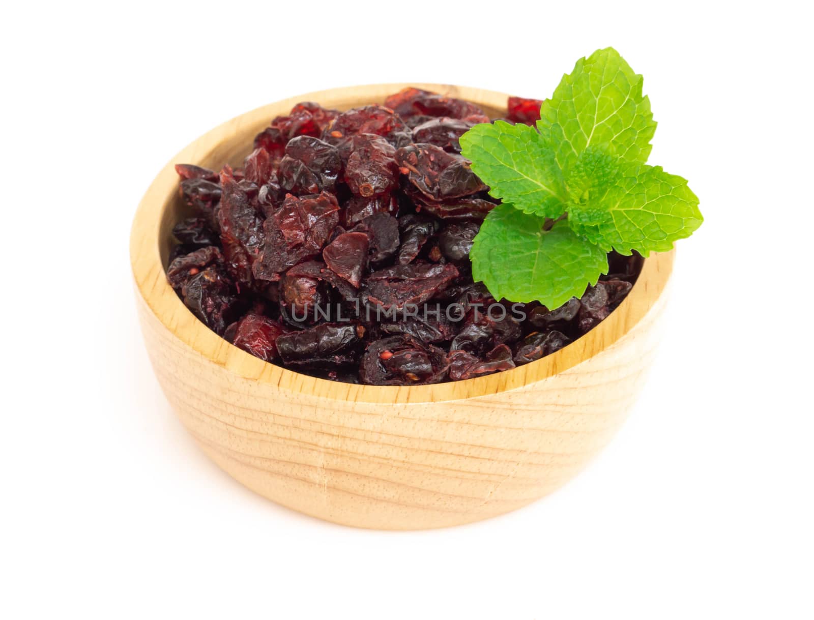 Dried canberry mix blueberry fruit in wood bowl isolated on white backgroud, food healty diet