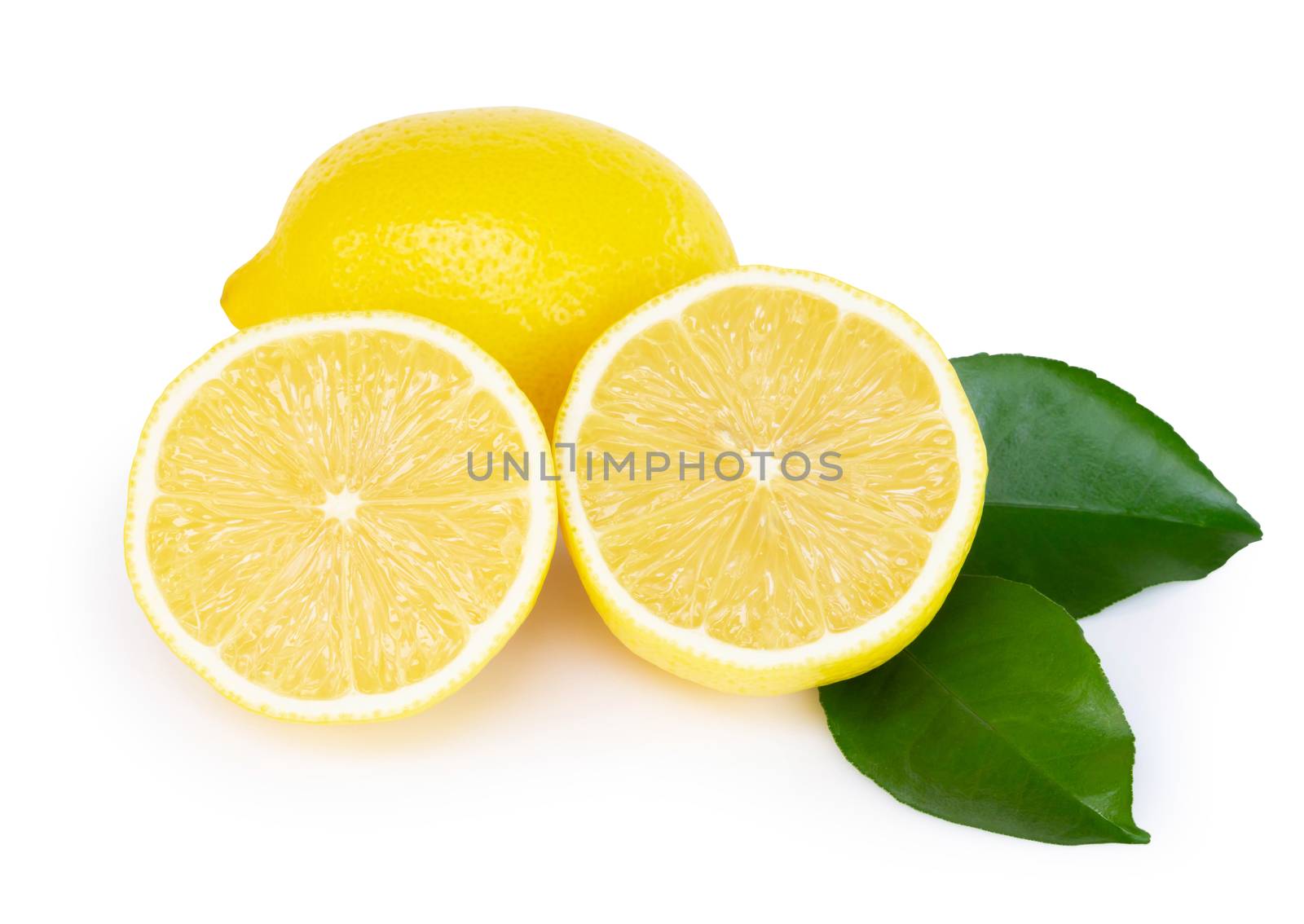 Closeup fresh lemon fruit slice with green leaf on white backgro by pt.pongsak@gmail.com