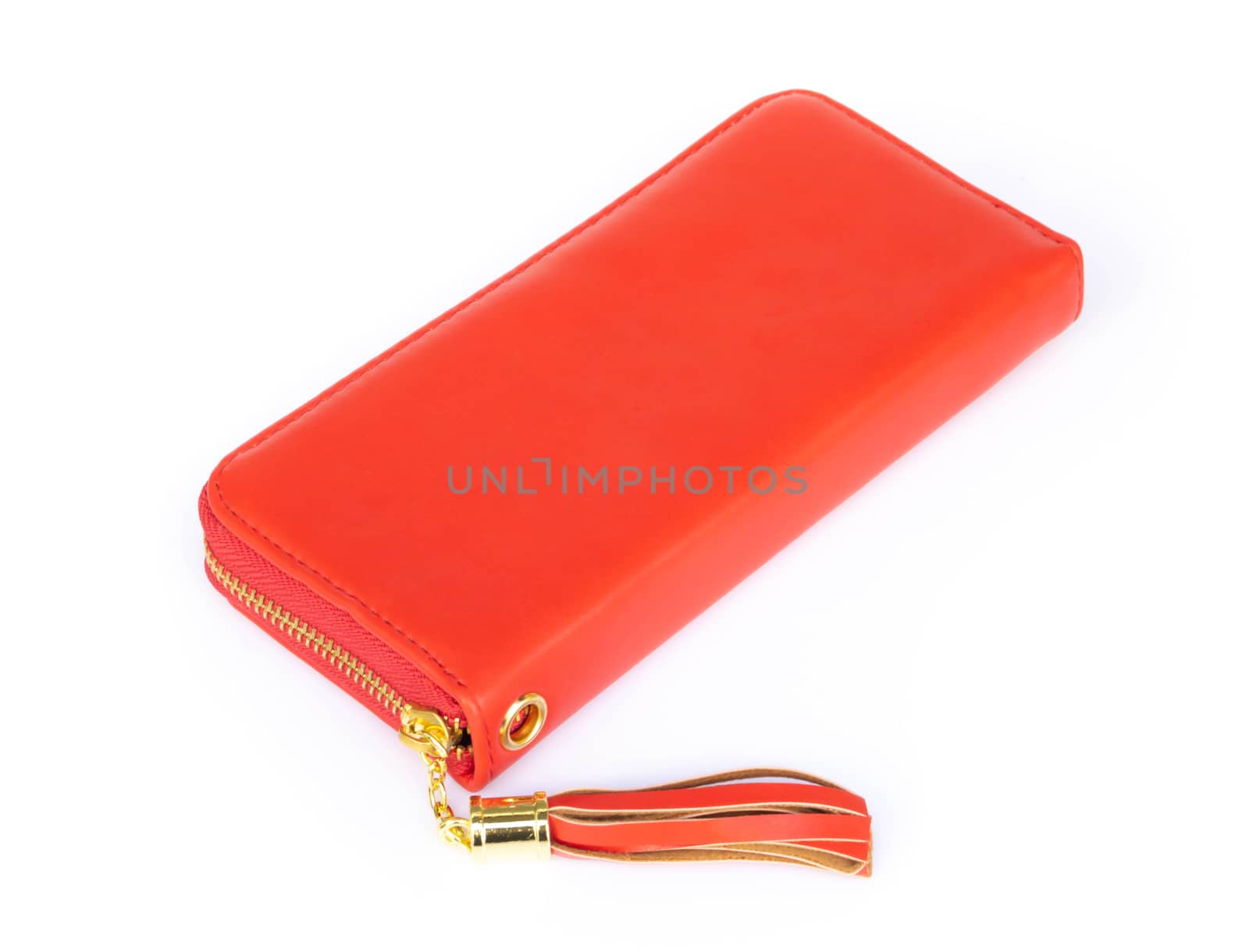 Closeup modern red woman wallet fashion on white background