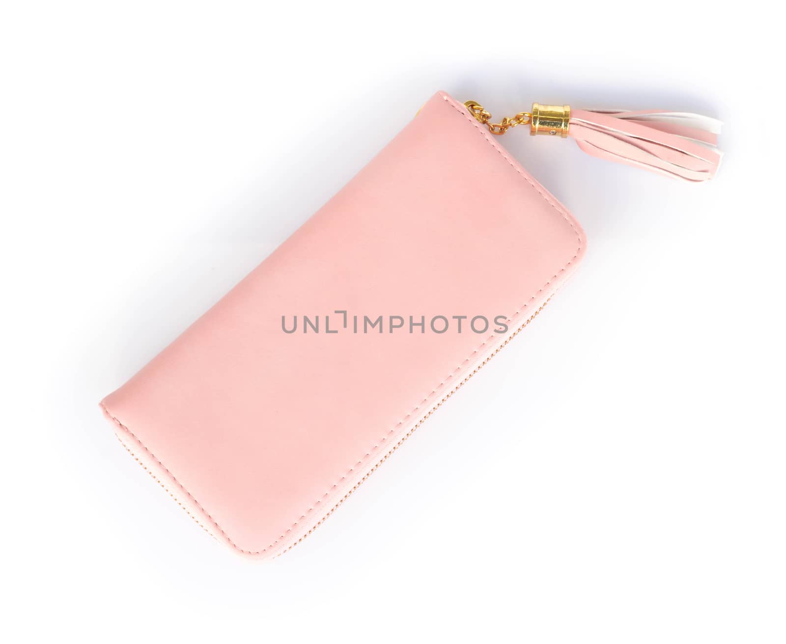 Closeup modern pink woman wallet on white background