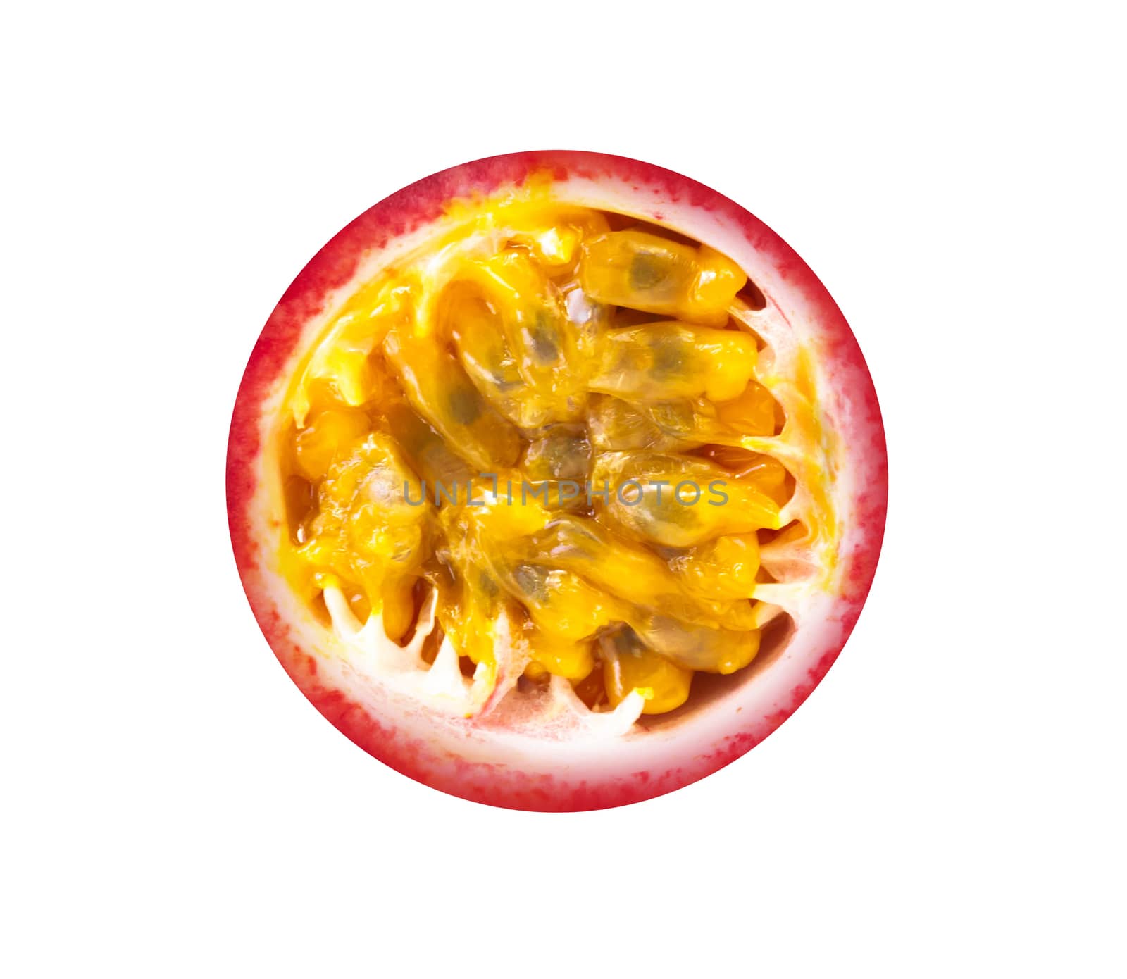 Closeup top view haft passion fruit with seed on white background, fruit for healthy concept