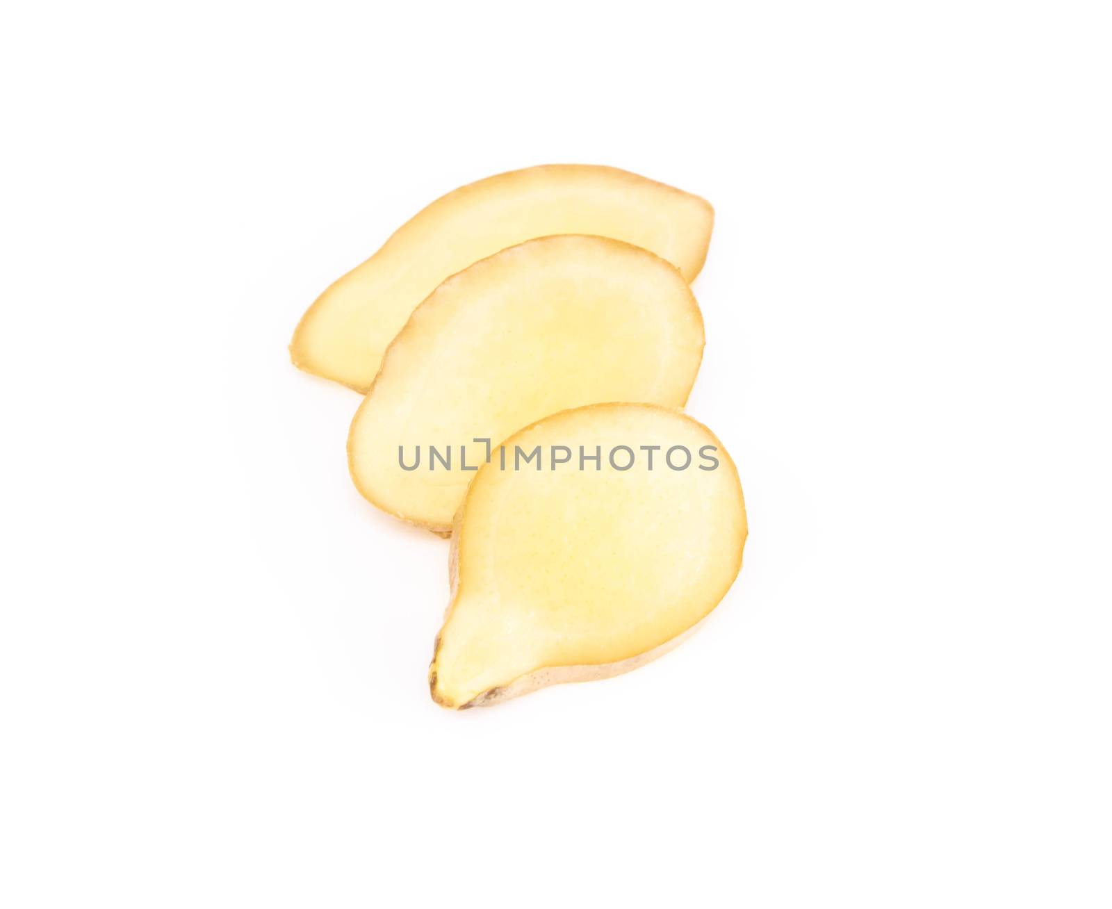 Fresh ginger root sliced on white background for herb and medical product concept