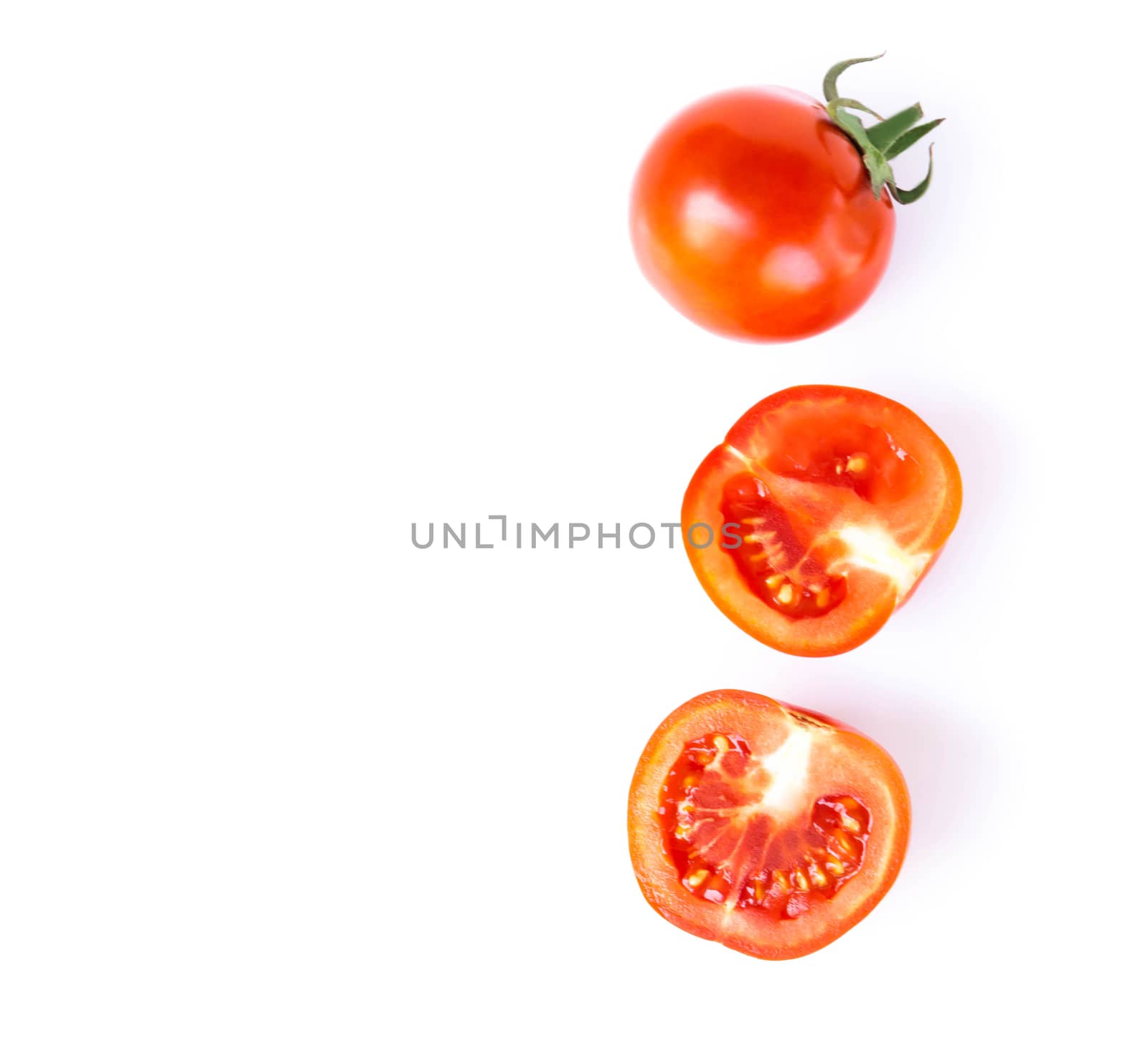 Closeup top view fresh tomatoe isolated on white background, Raw food