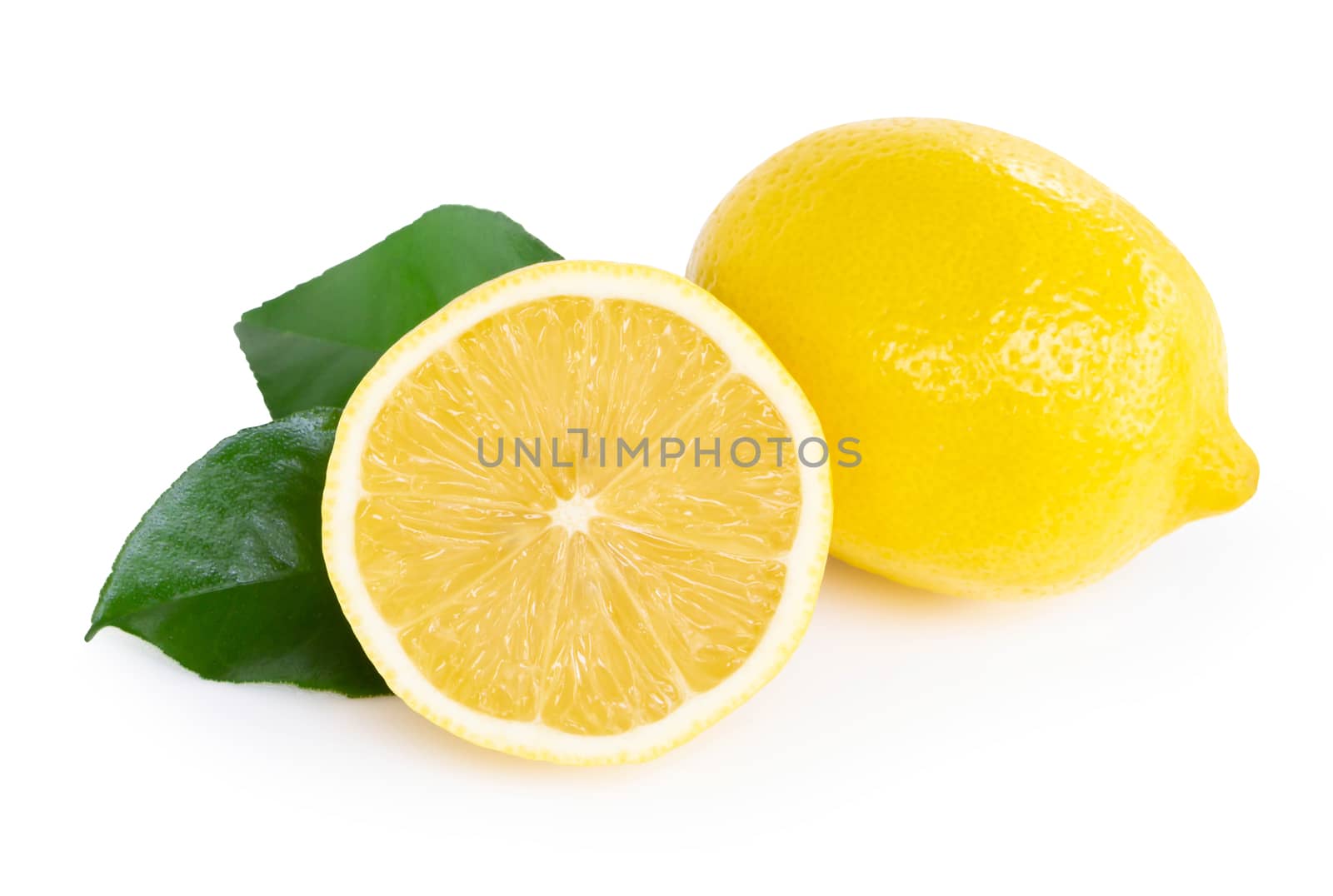 Closeup fresh lemon fruit slice with green leaf on white backgro by pt.pongsak@gmail.com