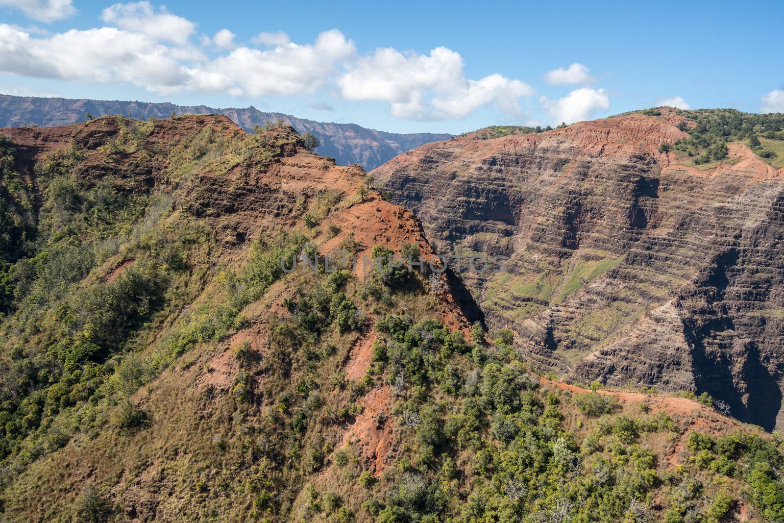 Aerial view of Waimea Canyon and landscape of hawaiian island of Kauai from helicopter flight