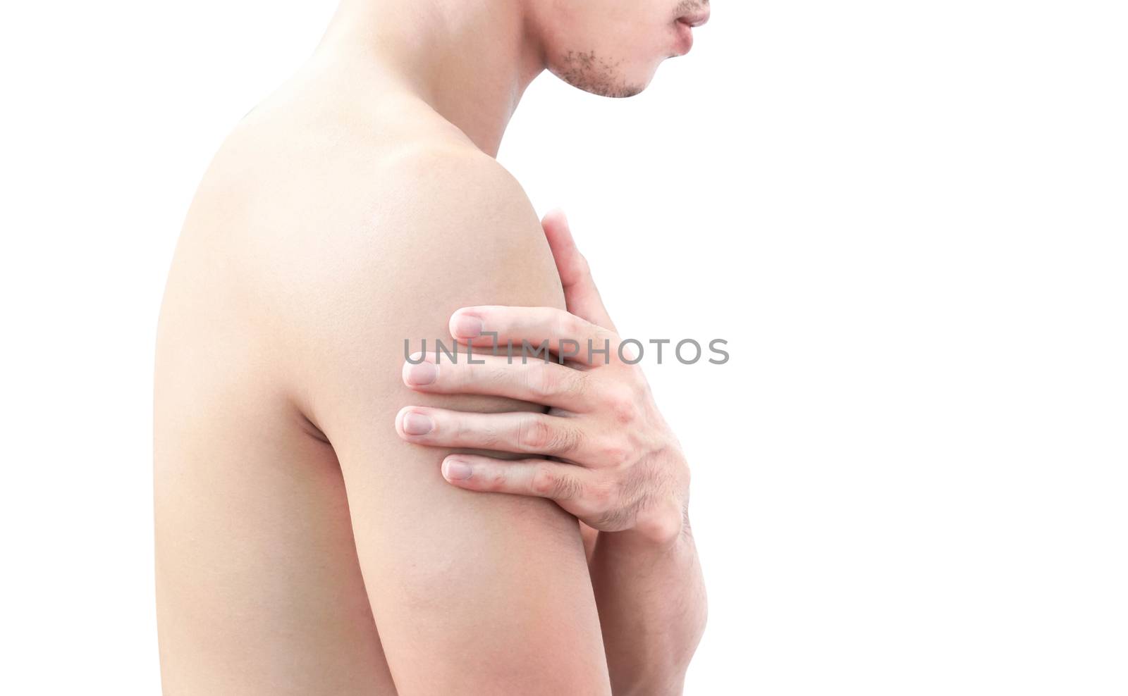 Closeup man hand holding shoulder with pain on white background by pt.pongsak@gmail.com