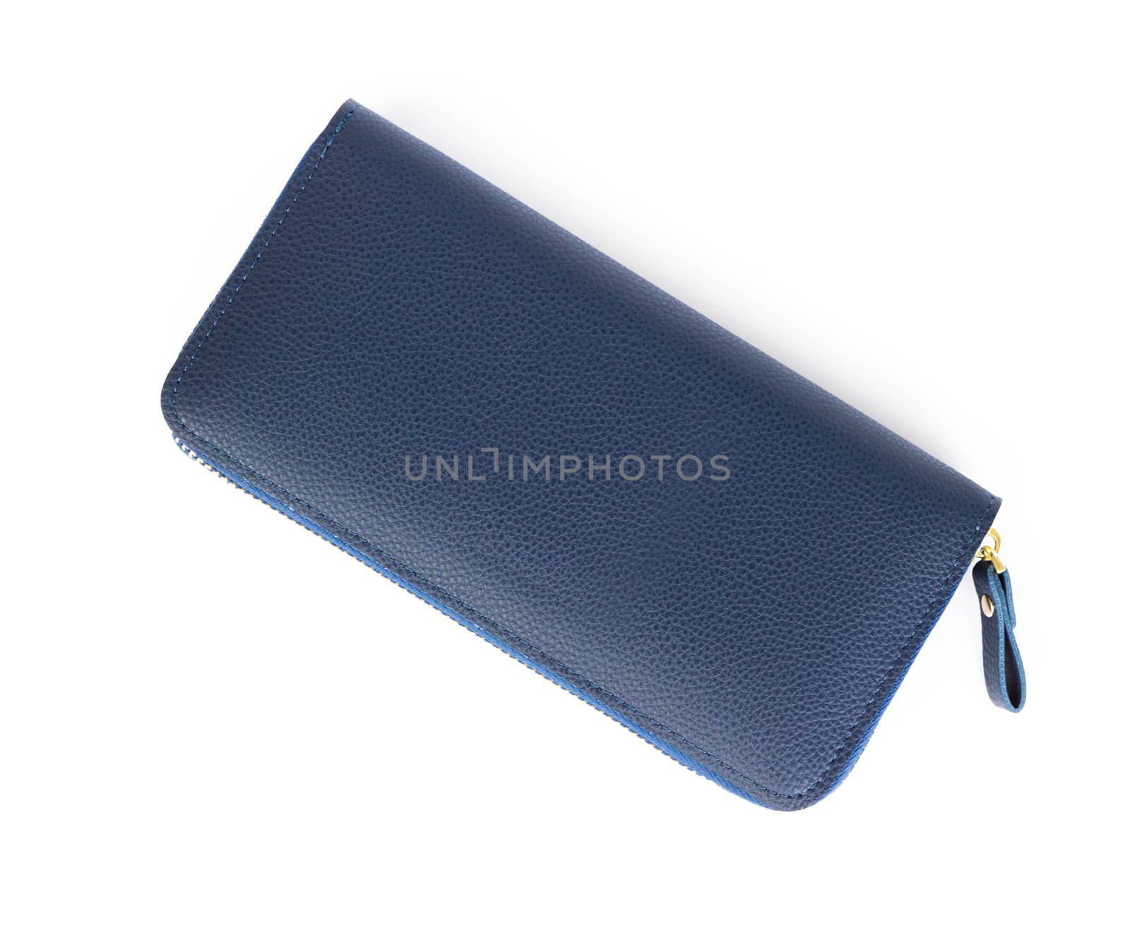 Closeup modern blue woman wallet fashion on white background