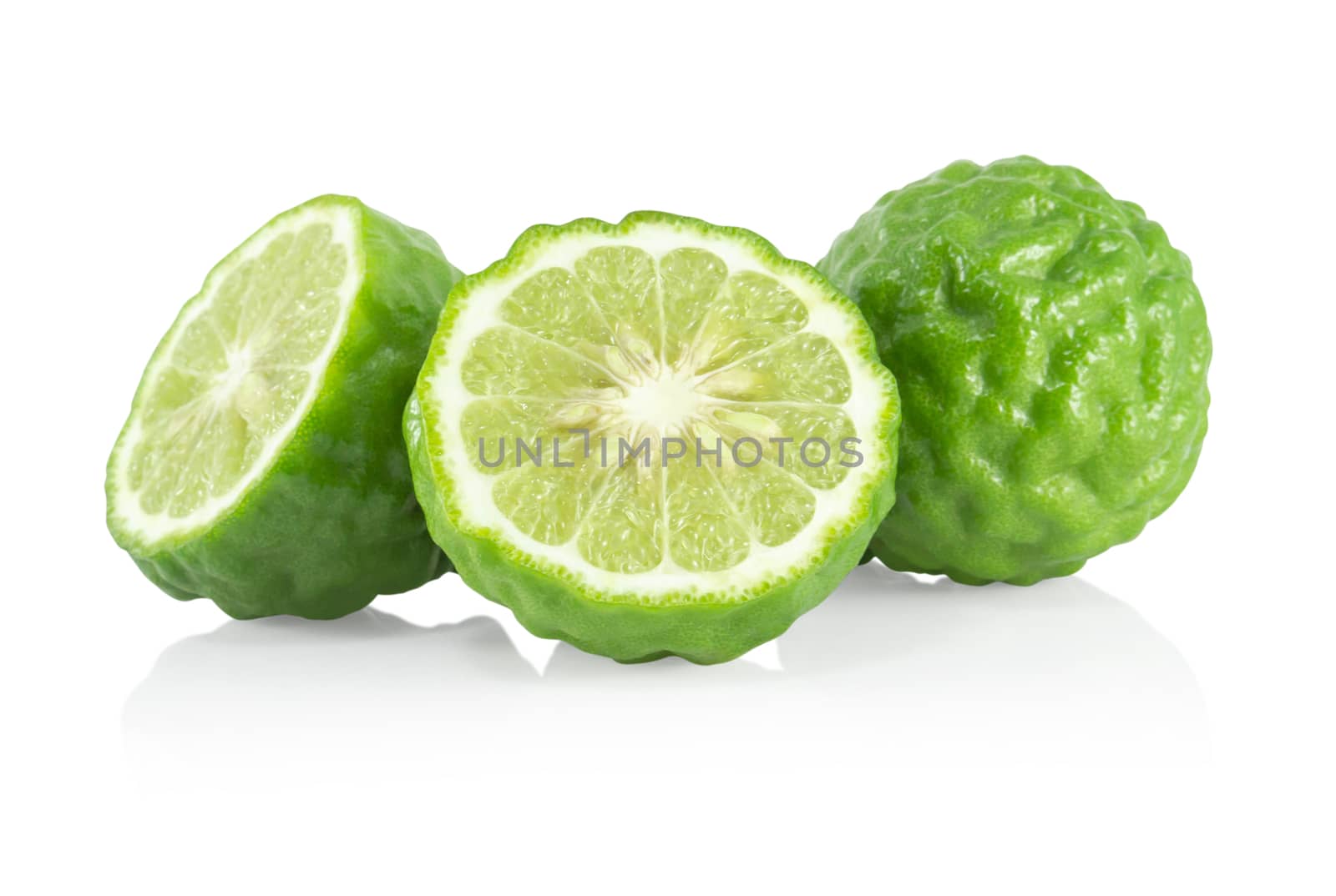 Fresh bergamot fruit slice with green leaf isolated on white background, herb and medical
