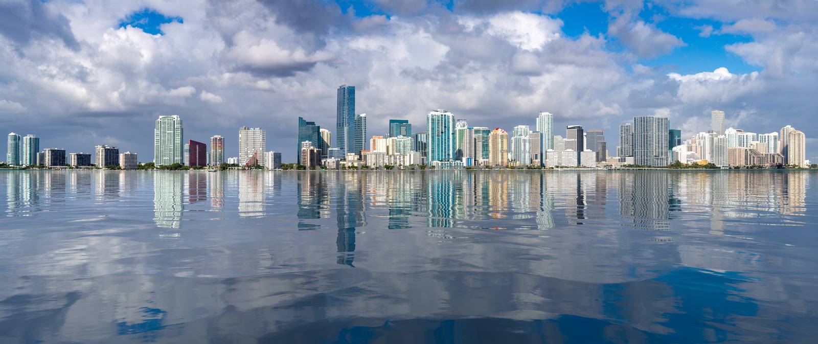 Miami cityscape skyline from Rickenbacker causeway looking like sea level has risen