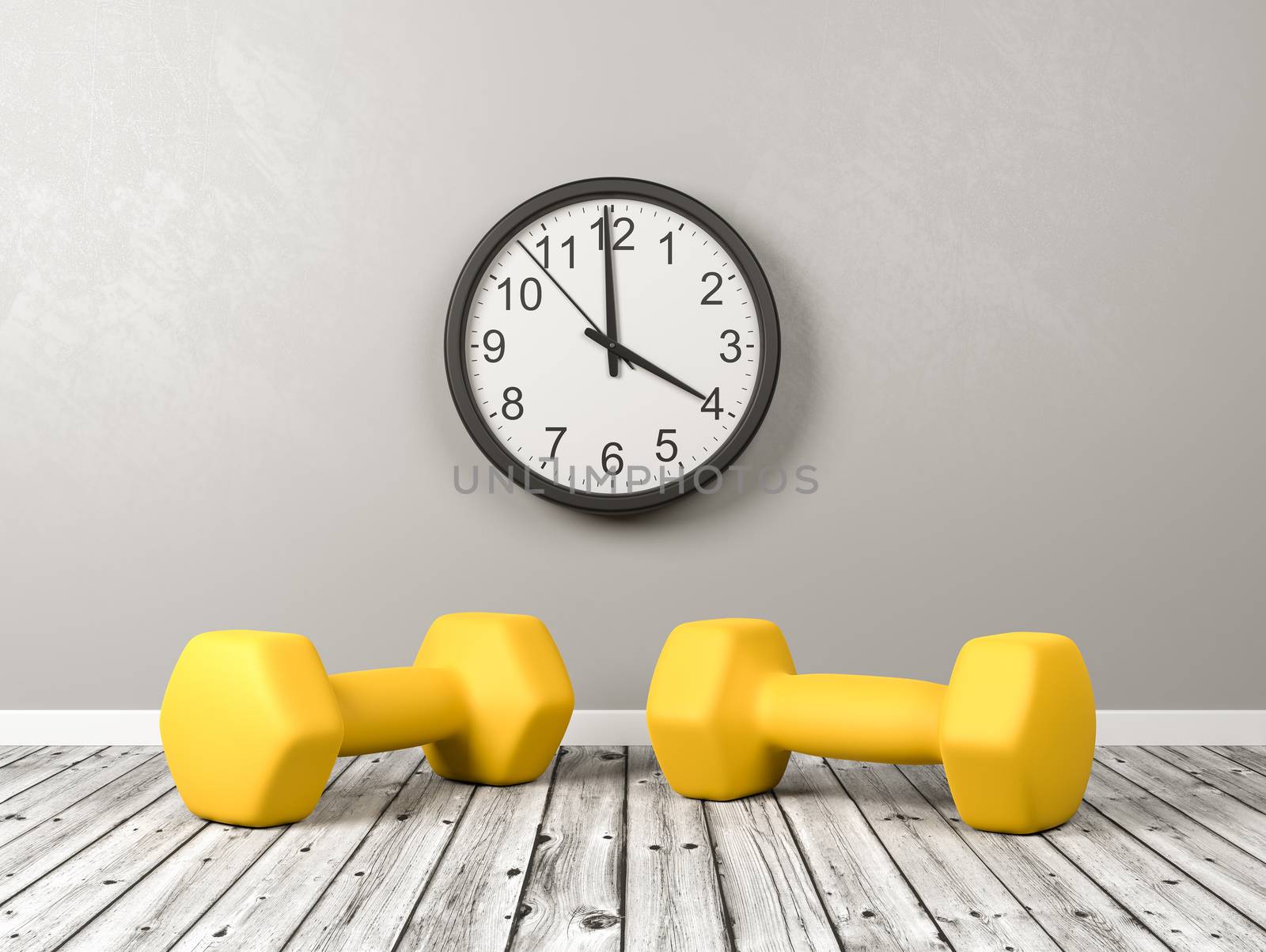 A Pair of Yellow Dumbbells on Wooden Floor and a Black Clock on the Gray Wall of the Room 3D Illustration