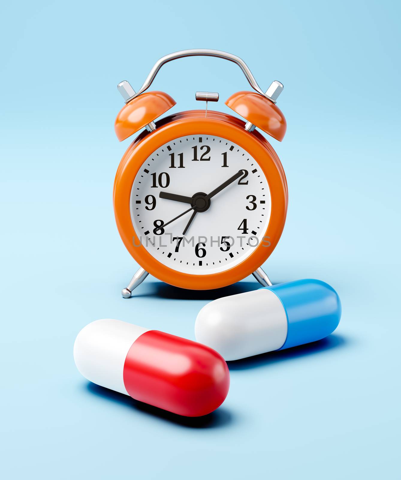 Two Red and Blue Pills and an Orange Alarm Clock on Light Blue Background 3D Illustration