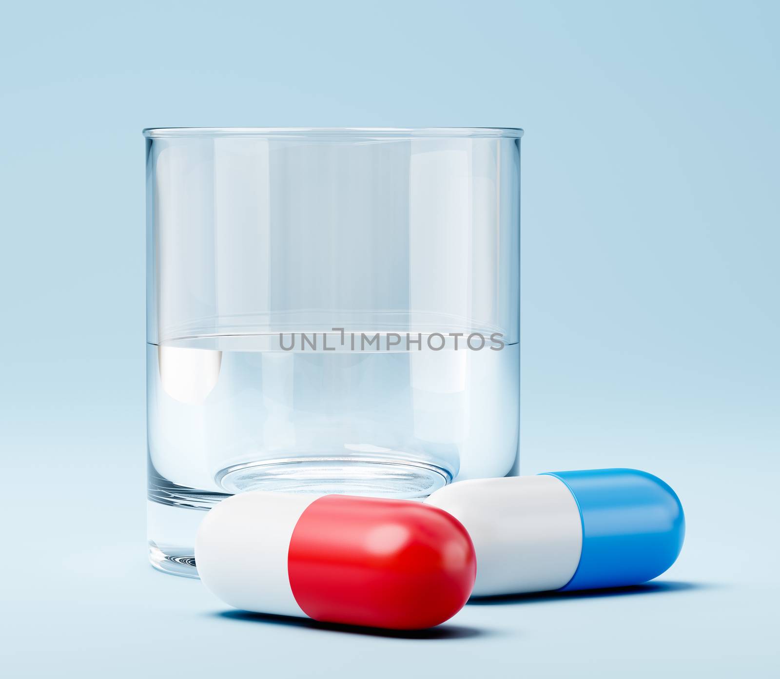 Two Red and Blue Pills and a Glass of Water on Light Blue Background 3D Illustration