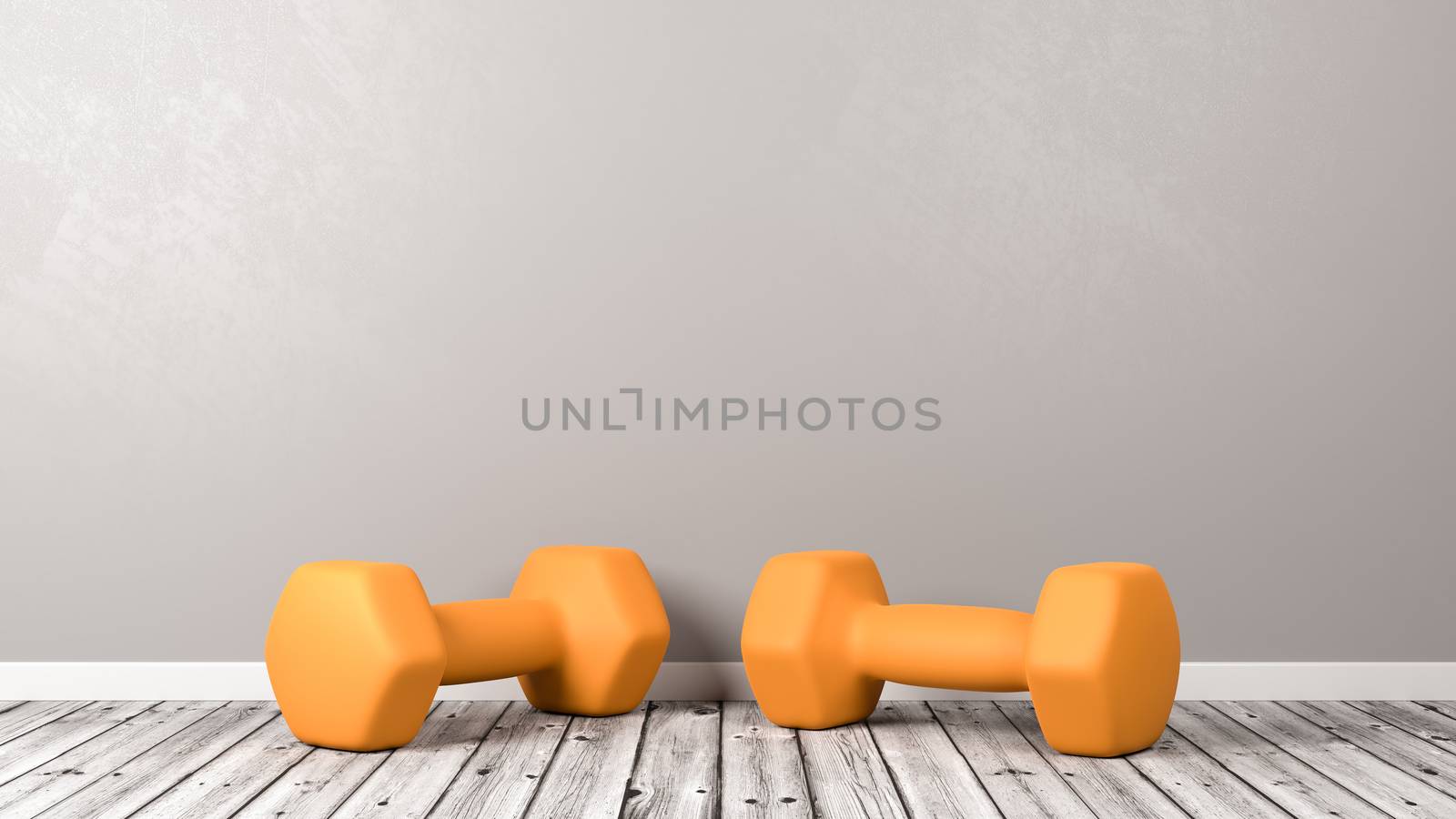 Two Orange Dumbbells on Wooden Floor in a Gray Wall Room with Copy Space 3D Illustration