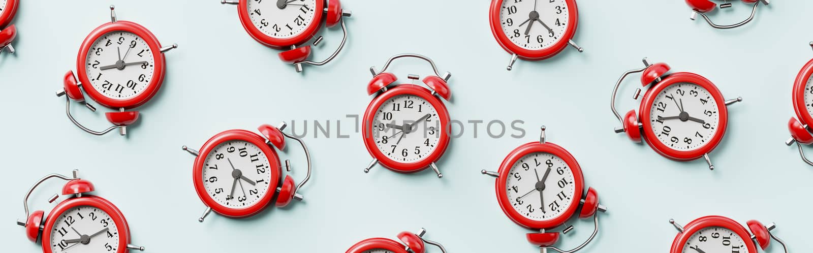 Many Red Alarm Clocks on Light Blue Background 3D Illustration