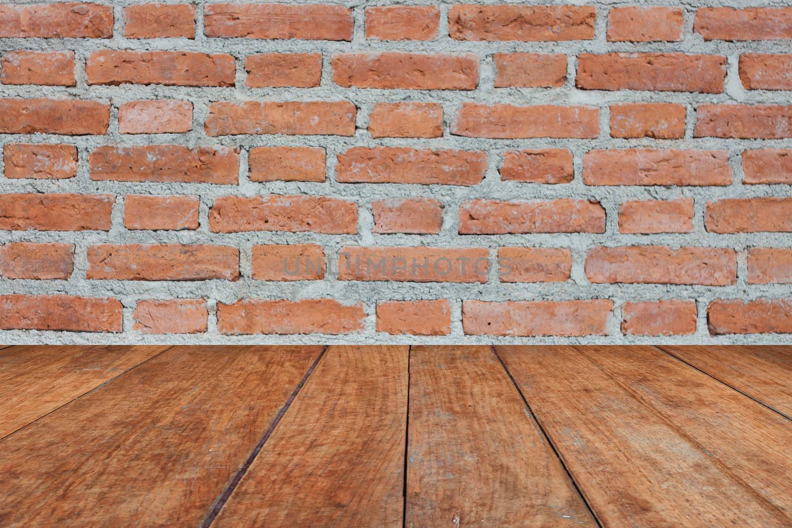 Perspective brown wood on brick wall by punsayaporn