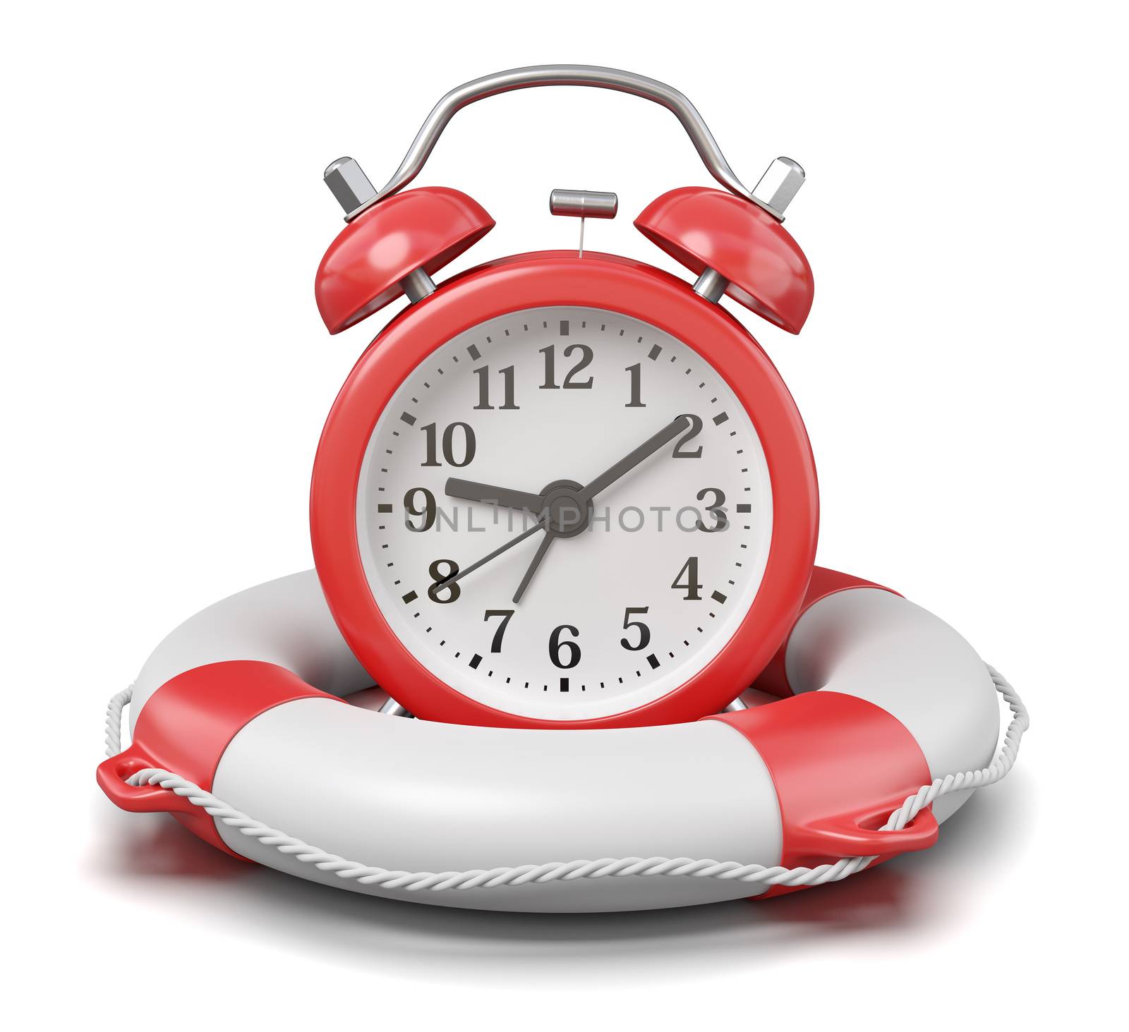 Red Alarm Clocks on a Lifebuoy on White Background 3D Illustration