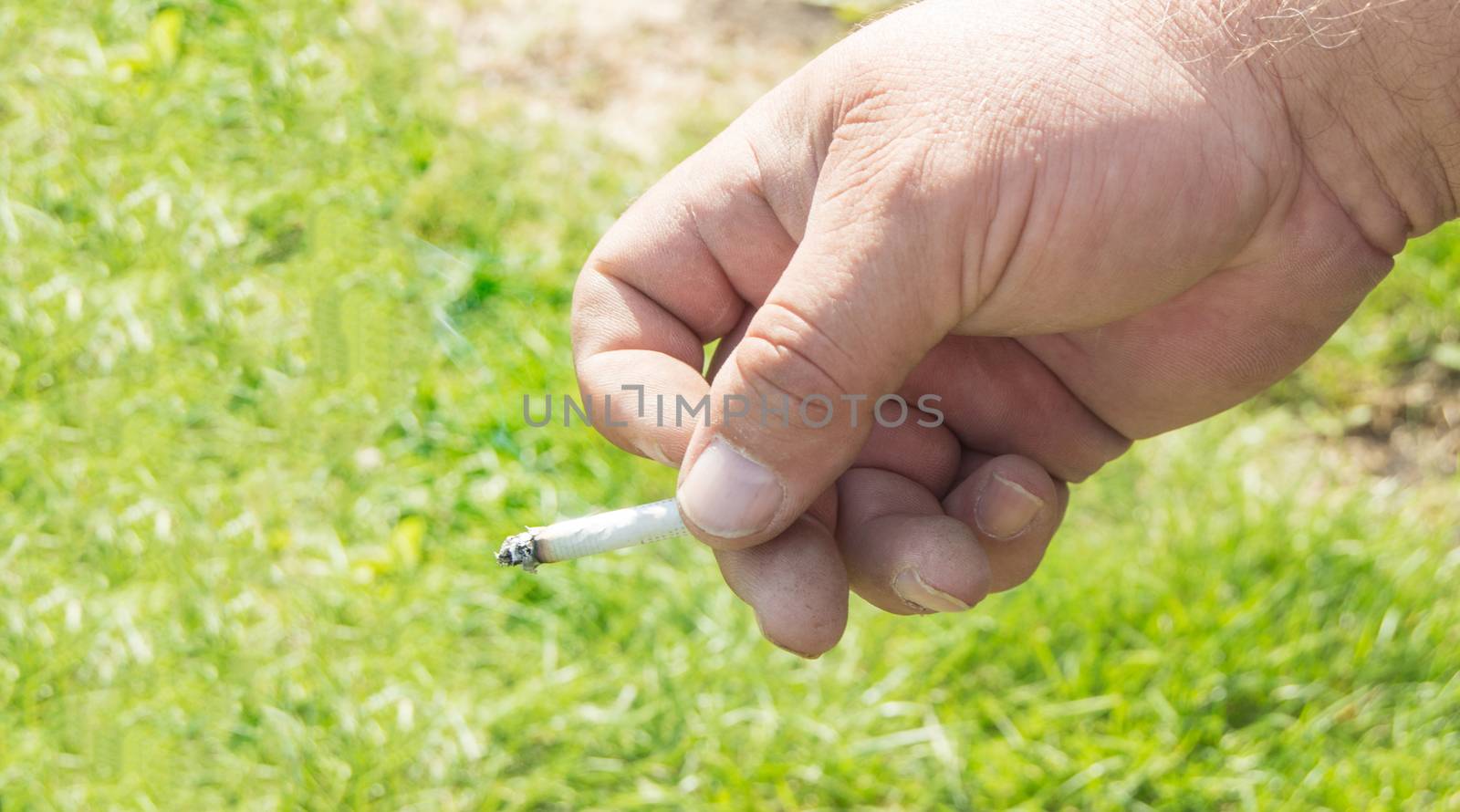 Close-up of an elderly man's hand holding a cigarette and Smoking against an open nature bokeh. Concept of harm of Smoking, Smoking cessation.