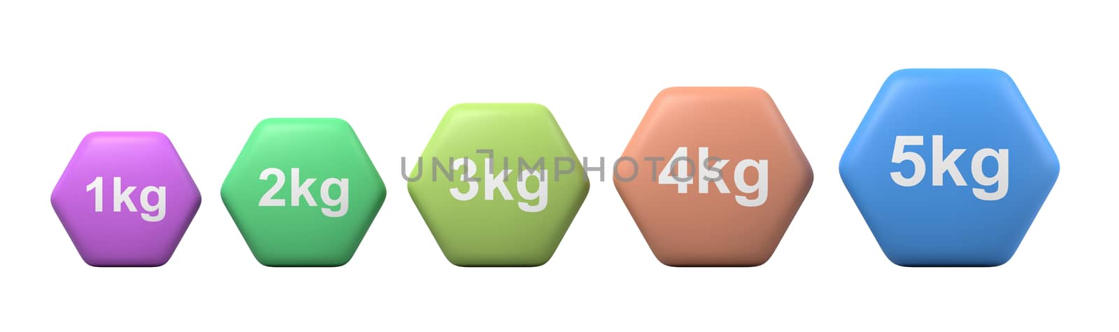 Set of Five Colorful Gym Weights 1 to 5 kilogram Isolated on White Background 3D Illustration